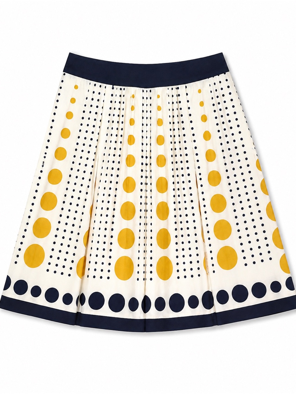 NWOT DownEast A-Line Pleated Skirt in White, Navy & Yellow Dot Print Cotton NEW